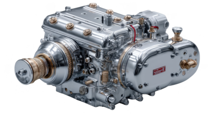 Shiny silver engine with a red and white label