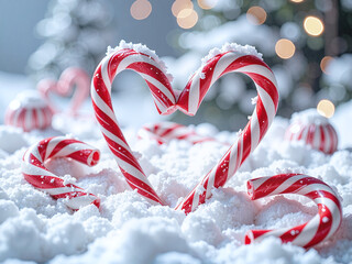 Red and white candy canes arranged in heart shapes, minimal winter setting, eye-level,A festive setup with heart-shaped candy canes—ideal for seasonal product photography.