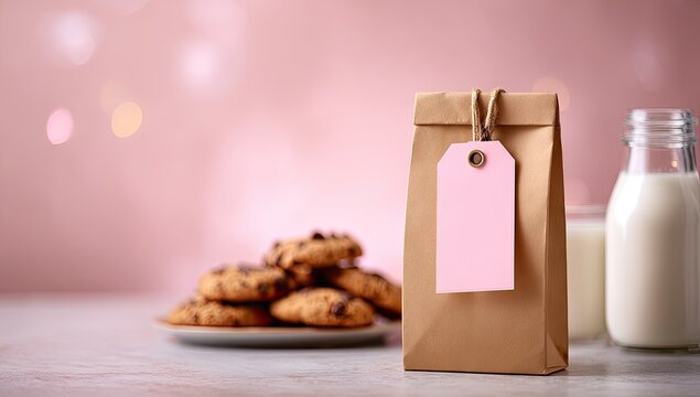 A kraft paper bag with a pink tag, tied with twine, sits beside a plate of chocolate chip cookies and two bottles of milk against a blurred pink background