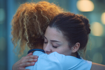 Two female doctors hugging each other with comfort and support in hospital