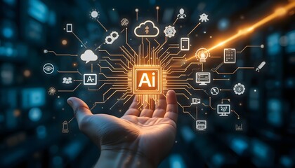  Close-Up of a Human Hand Holding a Glowing Futuristic Microchip Labeled "AI" with Radiating Circuit Lines and Digital Icons, Symbolizing Artificial Intelligence, Technology, 