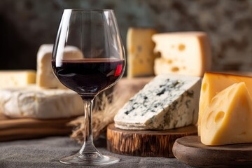 Red Wine Glass with Assorted Gourmet Cheese Selection on Rustic Wooden Board