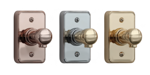 Three different colored brass handles for a faucet