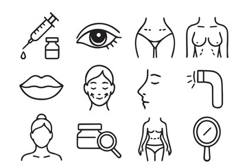 Feminine beauty icons collection, facial treatment, lip enhancement, skincare, injectables, beauty therapy symbols beauty skincare lineart