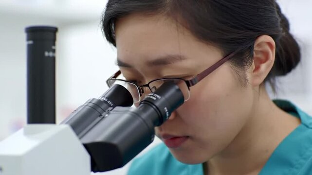 A focused female scientist wearing glasses intently examines a sample through a microscope in a laboratory.