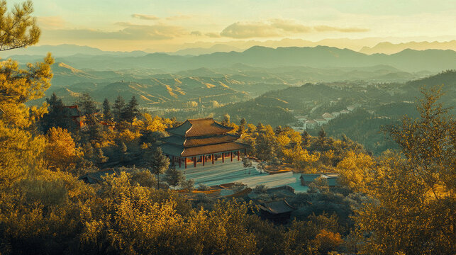 A tranquil view of the Shaolin Temple nestled in a serene landscape