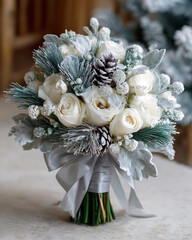Elegant Winter Wedding Bouquet with Roses, Pinecones, and Frosted Foliage