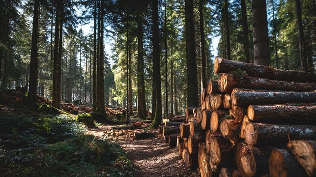 Pile of freshly cut logs in a sun-drenched forest clearing, representing logging industry, deforestation, forestry management, nature, timber and wood resources