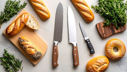 Bread with knives, rosemary, and flatlay.