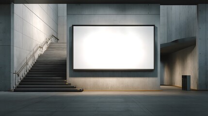 Fototapeta premium Minimalist modern interior with staircase, blank canvas on the wall, and soft lighting, representing architecture, design, art gallery, contemporary space, and creative potential
