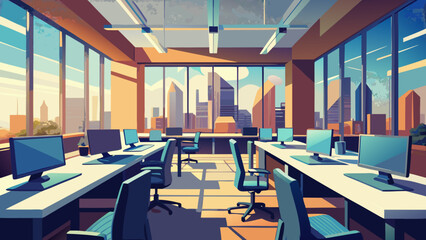 Illustration of an office space with city view outside