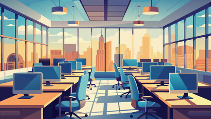 Empty office space with city view and modern computers