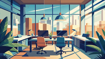 Modern office interior with city view and desk setup