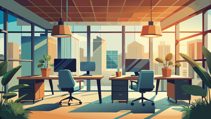 Illustration of an office space with city view outside