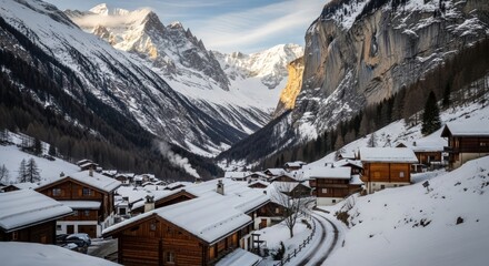 Fototapeta premium Idyllic Winter Village in the Swiss Alps: Traditional Chalets Under Snow-Capped Mountains