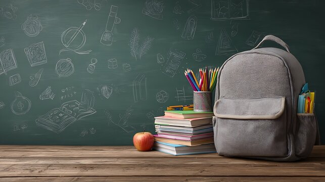 Back to School Still Life: Red Apple on Books with Backpack and Blackboard Full of Formulas Background
