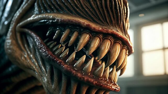Zombie with sharp teeth glowing eyes concept. A monstrous creature with dripping fangs and an eerie, menacing presence.