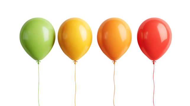 Four Colorful Balloons in Green, Yellow, Orange, and Red on transparent background.