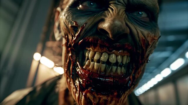 Zombie with sharp teeth glowing eyes concept. A grotesque creature with an open mouth revealing fangs and sinister details.