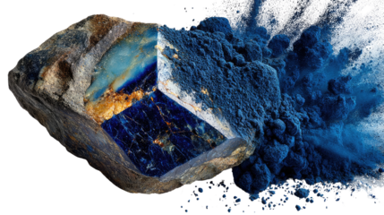 Breaking Down the Earth's Essence: A captivating display of a geological specimen, split open to reveal its inner beauty, contrasted with an explosion of powdered material.