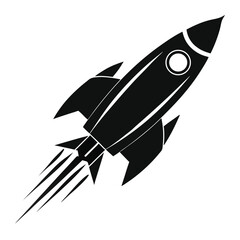 Black silhouette rocket ship with black flames on white background Keywords: rocket, spaceship, space