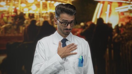 Man scientist wearing glasses and lab coat holds chest on street at night amid fair lights; sincerity.