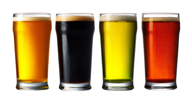 Four Glasses of Different Beer Types on transparent background.
