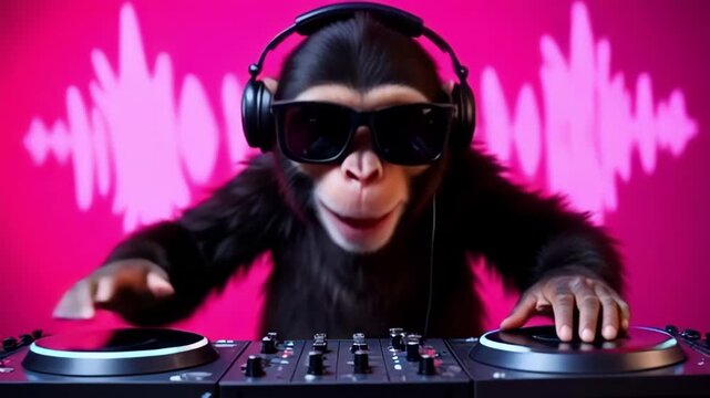 Monkey dj wearing sunglasses and headphones mixing music on a deck