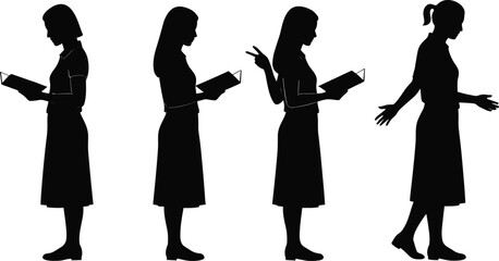 Silhouette of woman reading book, female standing poses, study concept, education, knowledge, learning, literature, student, teacher, lifestyle