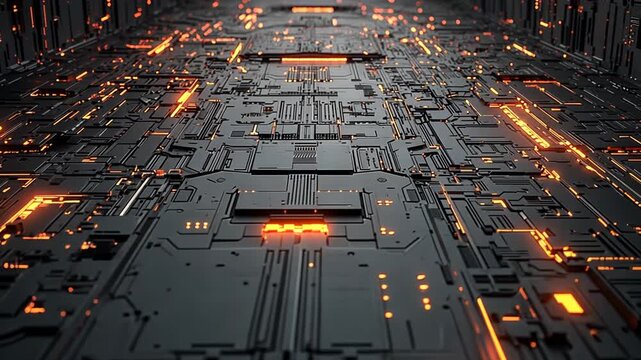 Digital animation dark circuit board with glowing orange light streaks futuristic technological ambiance perspective gives impression of traveling through complex computer system concept