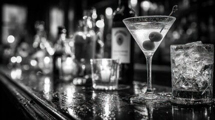 Black and white bar scene with drinks