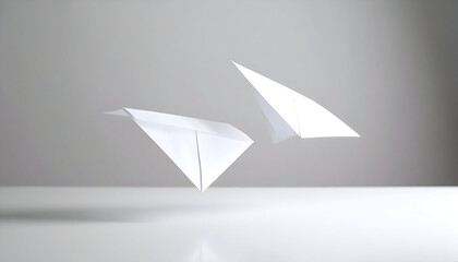 Two White Paper Airplanes Floating Above A White Surface Against A Gray Background