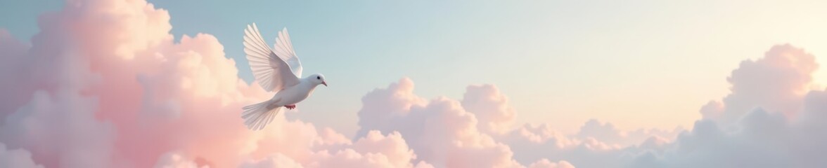 Serene white dove soars through soft pastel sky, fluffy clouds drift gently , calm, bright, flying
