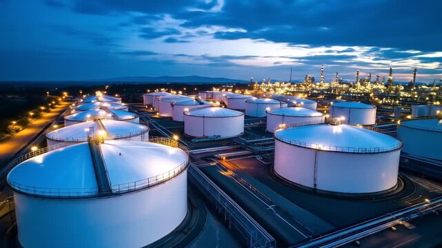 Aerial view of oil refinery storage tanks at dusk with industrial landscape.
