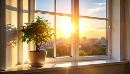 Fototapeta premium Potted Plant Sitting On A White Window Sill With Golden Sunlight Pouring Through A Window With City And Sky View