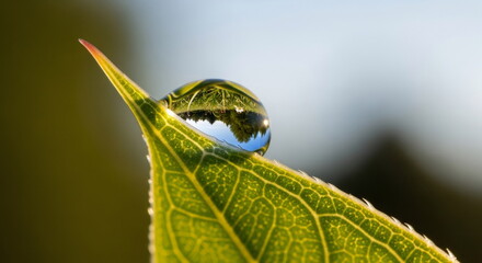 A single green leaf with a water droplet on it, set against a blurred green background, with a focus on the droplet and the leaf's texture.