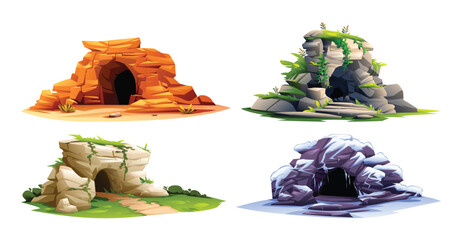 Set of caves in various settings, a desert grotto, rocky cave, and an ice grotto. Vector cartoon illustration © YG Studio