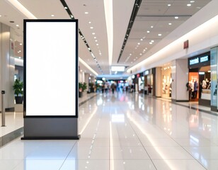 A sleek, blank digital billboard stands prominently in the bright, modern interior of a bustling shopping mall, ready for advertising messages and dynamic content.