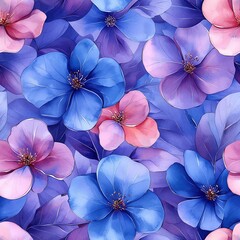Seamless watercolor pattern featuring a captivating mix of blue and pink flowers with lush purple leaves, creating a high-definition, artistic floral background.