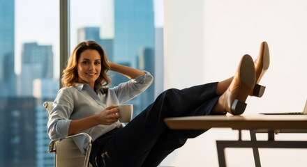 A businesswoman with her feet up on a desk, wearing a white shirt and black pants, sitting in a modern office with a city skyline in the background.