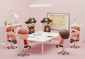 Funny Chibi Pirate Office Business Meeting. Cute Pirate Teamwork Illustration. International Talk Like a Pirate Day