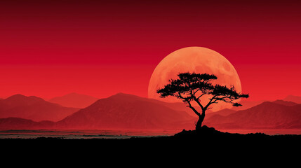 Silhouetted Tree Under Blood Moon - Lunar Eclipse Landscape 