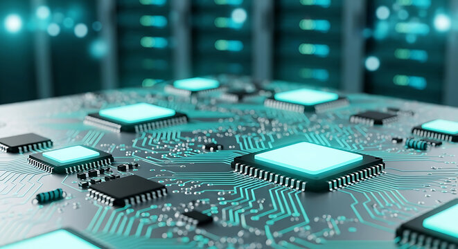 Close-up of sleek circuit board with glowing microchips, blurred futuristic server room in background, modern technology style