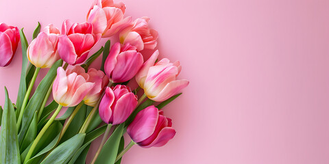 Pink tulips with green stems against pink background
