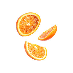 Sliced orange fruit pieces levitating in mid-air