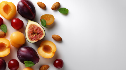 Flat lay of fresh stone fruits halves and nuts on clean white background