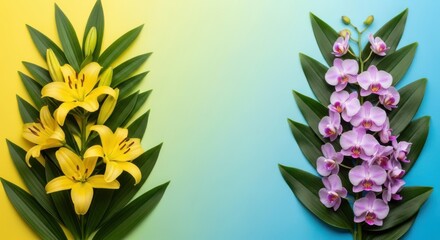 Duo of floral arrangements, one with yellow lilies and the other with pink orchids, against a yellow to blue gradient background