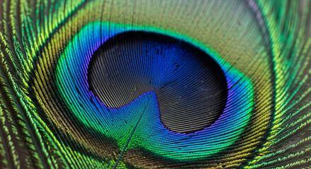 Extreme close-up of peacock feather eye pattern, iridescent detail with blurred edges