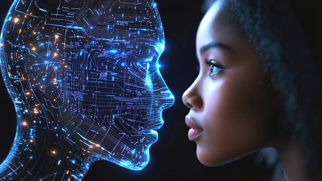 Converging holographic woman's face with human face, visualizing AI interaction through digital interface revealing futuristic communication potential, holographic woman's face