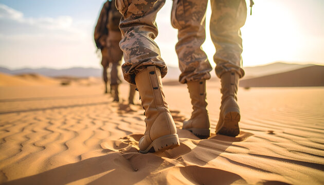Soldiers Marching Across Sandy Desert Terrain With Sunny Backdrop and Warm Lighting in Camouflage Uniforms